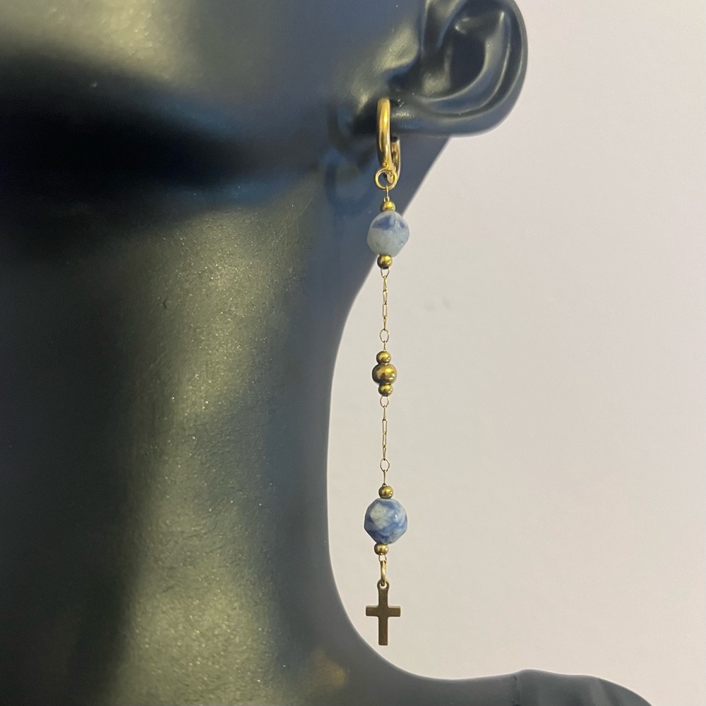 Natural Blue Sodalite Stone Drop Ear Huggies 18k Gold - Picture 2 of 2